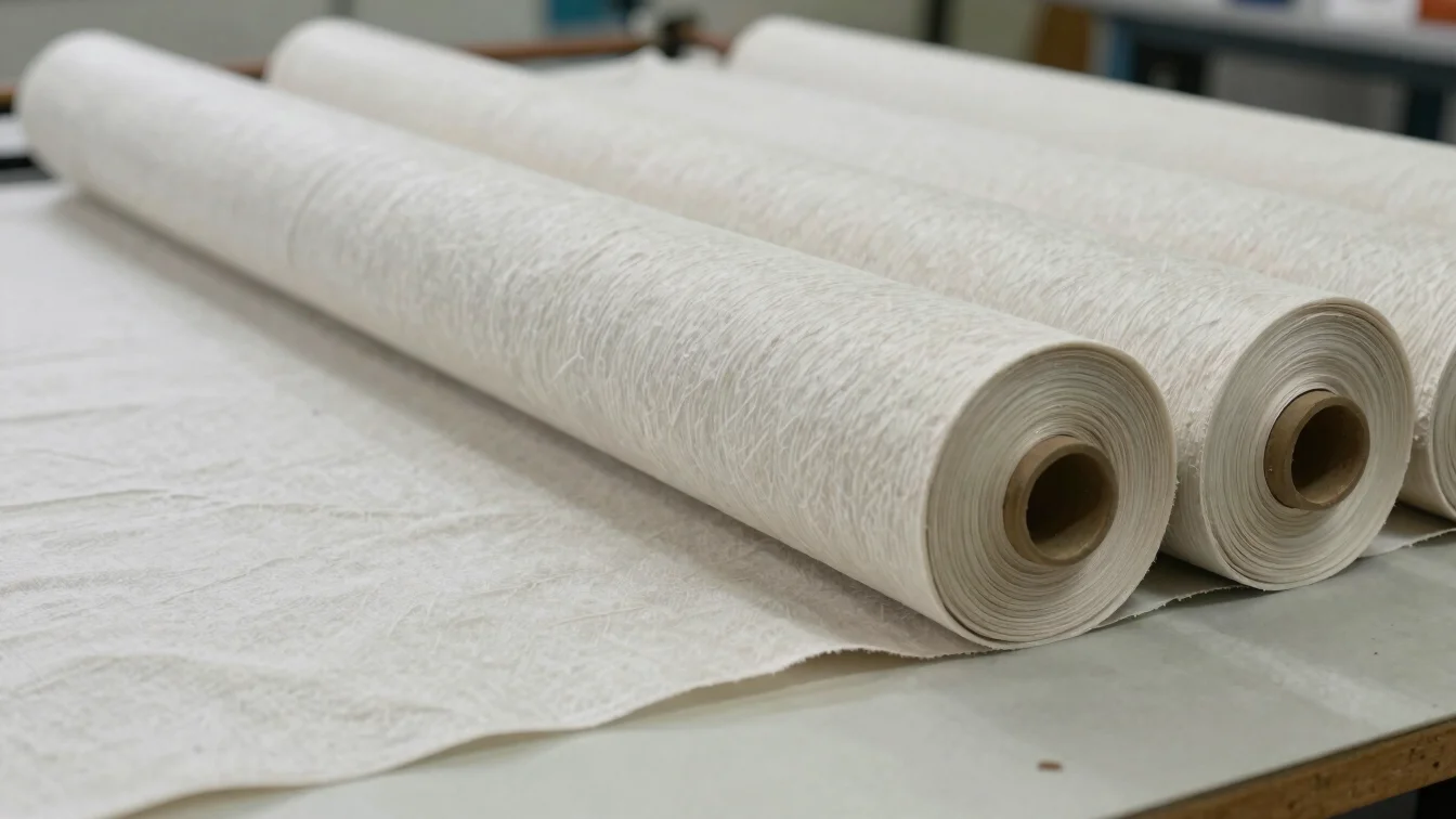 Rolled textile trims and fabric bindings in neutral workshop lighting