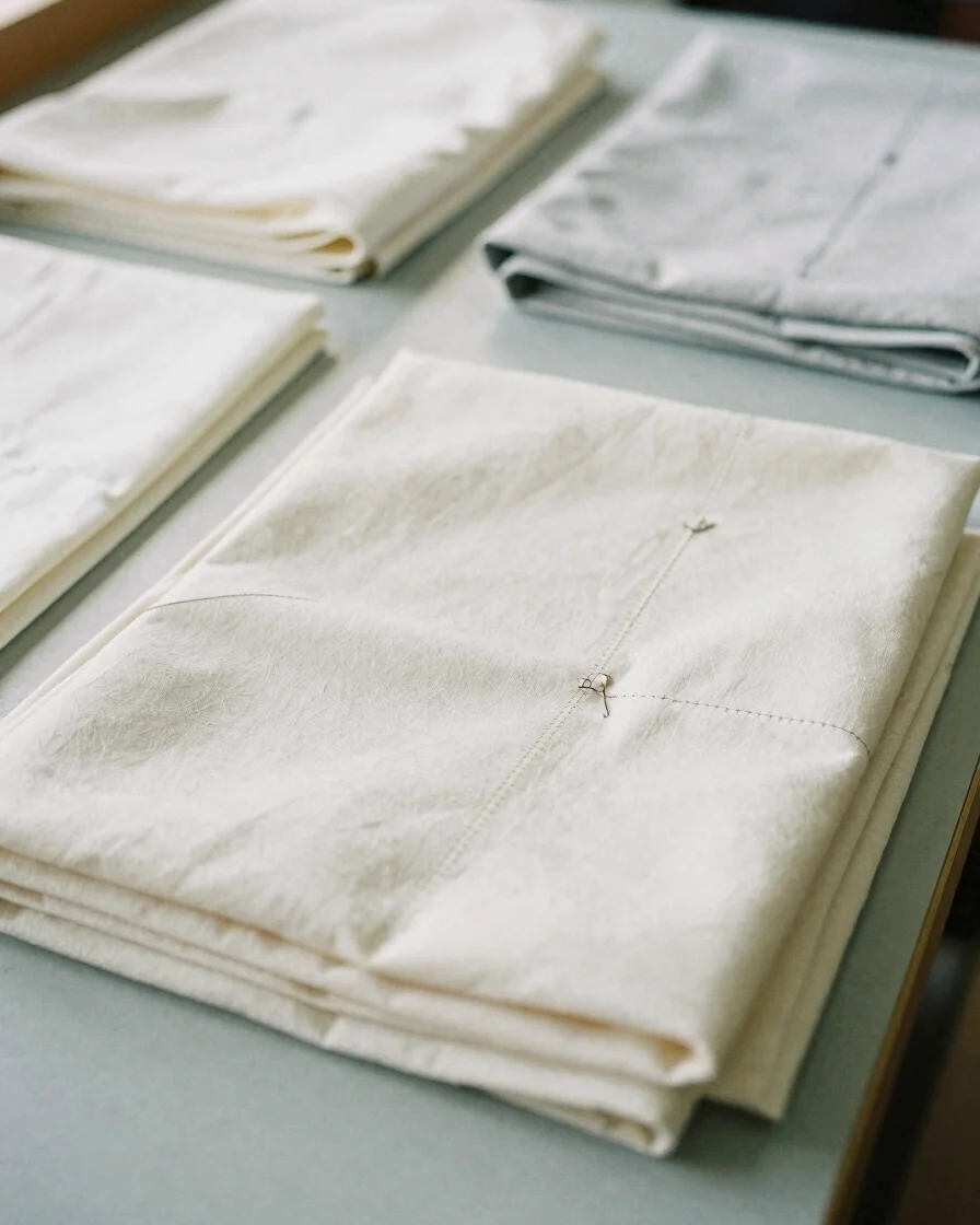Editorial manufacturing photography of folded textile garments and fine stitching detail on a neutral worktable under so